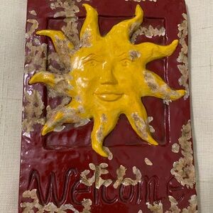 Sun face 3D wall welcome plaque maroon gold clay